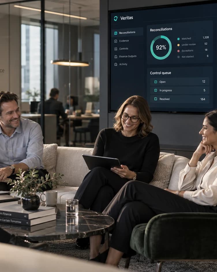 A finance team relaxing beside a Veritas reconciliation status screen