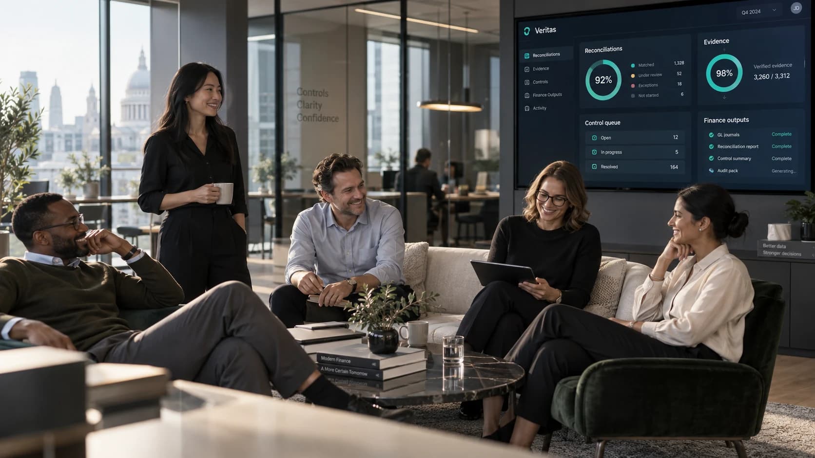A finance team relaxing while Veritas reconciliation and control workflows continue in the background